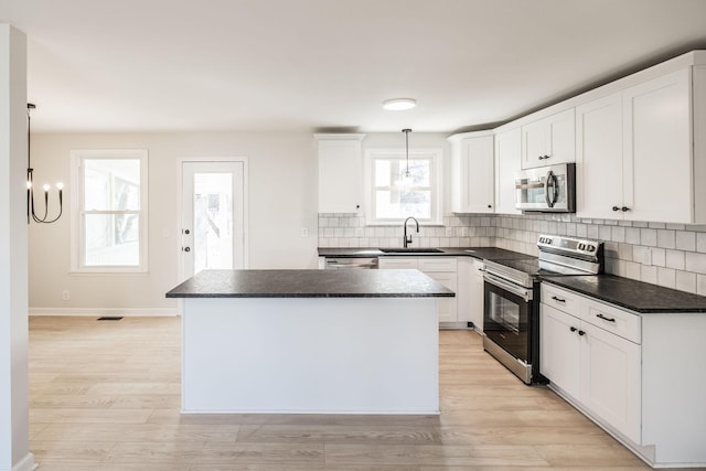 kitchen with a kitchen island, pendant lighting, sink, white cabinets, and stainless steel appliances