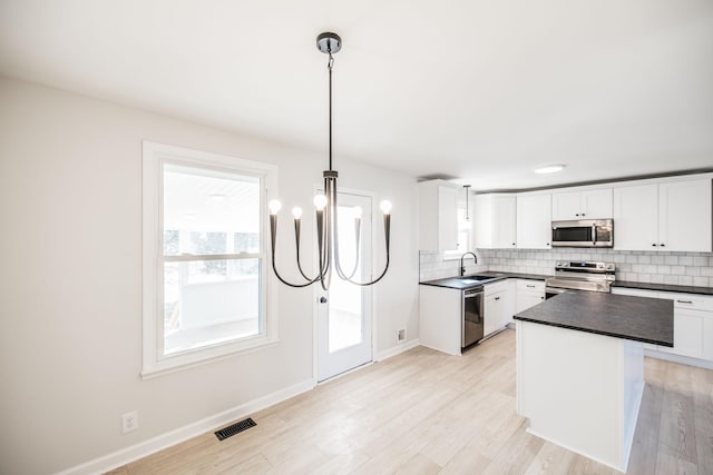 kitchen featuring white cabinetry, appliances with stainless steel finishes, sink, and hanging light fixtures