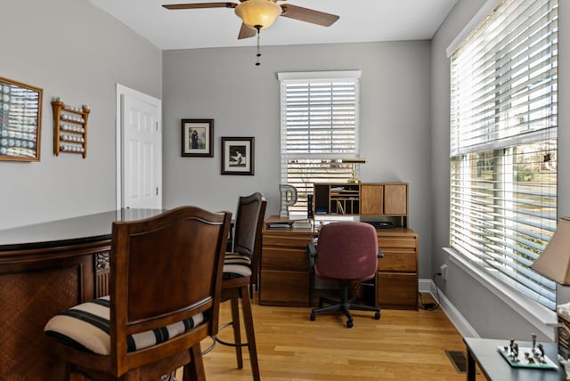 office area featuring ceiling fan and light hardwood / wood-style flooring