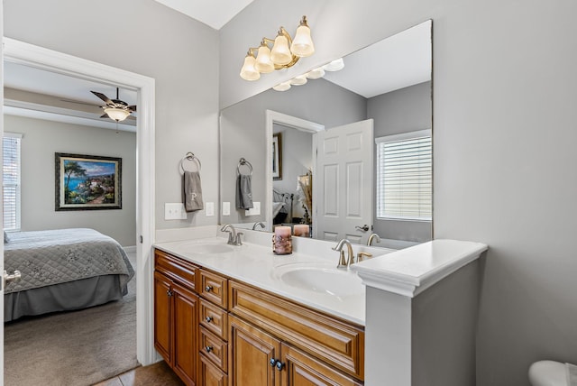 bathroom with vanity, tile patterned floors, and ceiling fan