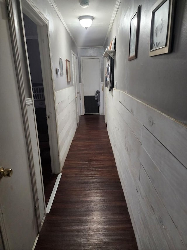 hall featuring dark wood-type flooring and ornamental molding