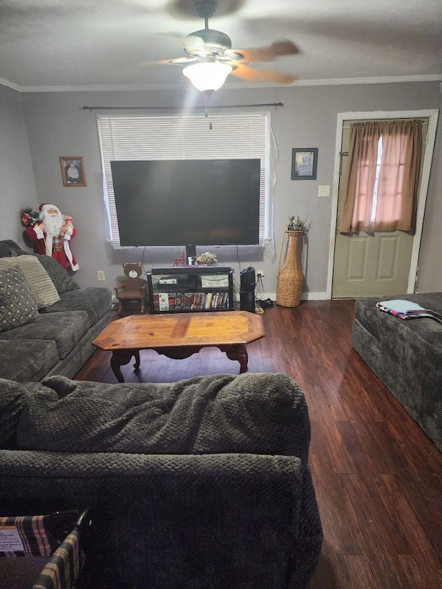 living room featuring crown molding, ceiling fan, and wood-type flooring