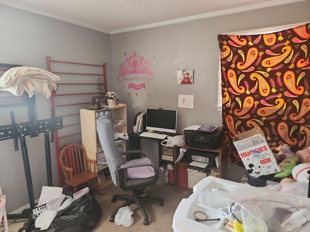 office with ornamental molding, carpet flooring, and a textured ceiling