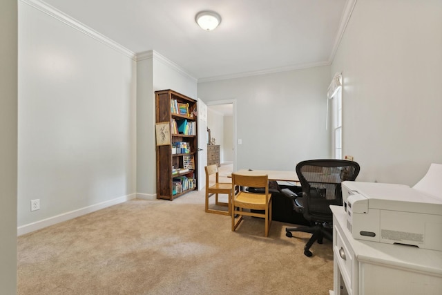 carpeted office space with ornamental molding