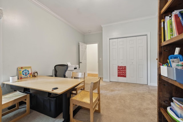 carpeted office space with crown molding