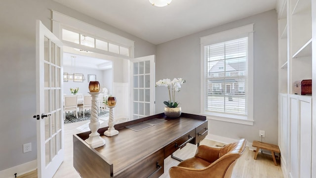 office space featuring a wealth of natural light, light hardwood / wood-style floors, and french doors