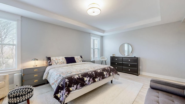 bedroom with a raised ceiling and light hardwood / wood-style floors