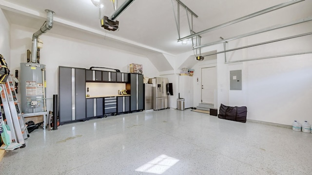 garage featuring a garage door opener, electric panel, stainless steel fridge with ice dispenser, and gas water heater