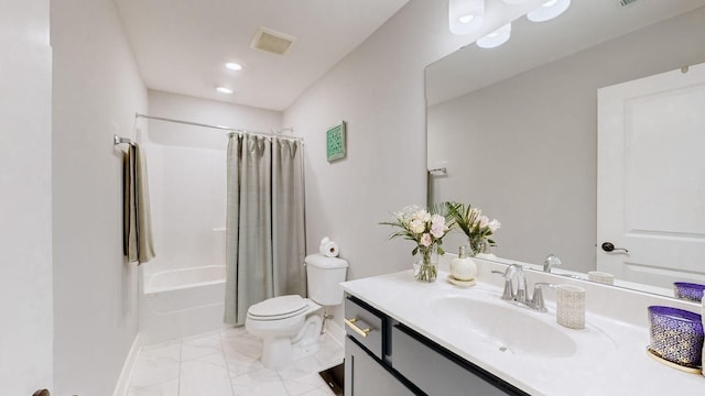 full bathroom featuring vanity, shower / bath combination with curtain, and toilet