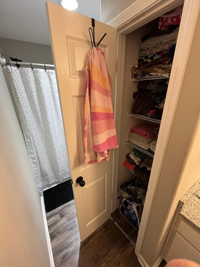 interior space featuring hardwood / wood-style flooring, vanity, and a shower with curtain