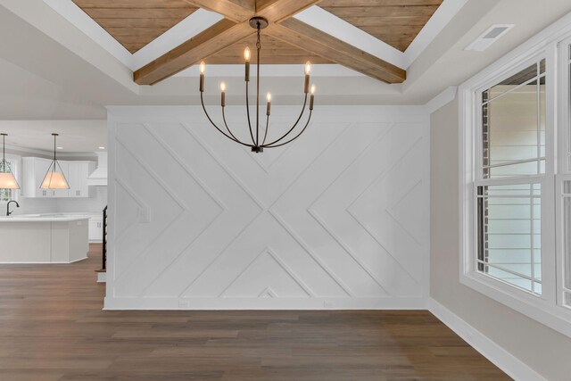 unfurnished dining area featuring dark hardwood / wood-style floors, a wealth of natural light, wood ceiling, and a chandelier