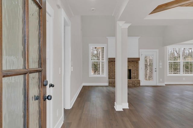 entrance foyer featuring dark hardwood / wood-style flooring, a fireplace, and a wealth of natural light