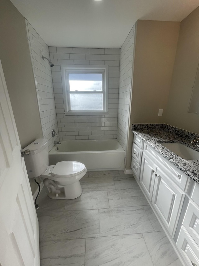 full bath with vanity, shower / bathing tub combination, toilet, and marble finish floor