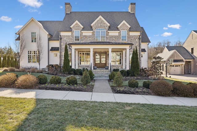 view of front facade with a garage, a front yard, and covered porch