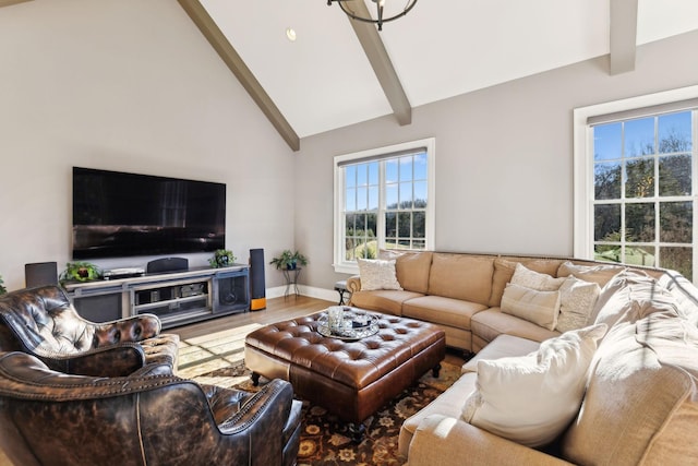 living room with wood-type flooring, beam ceiling, and high vaulted ceiling