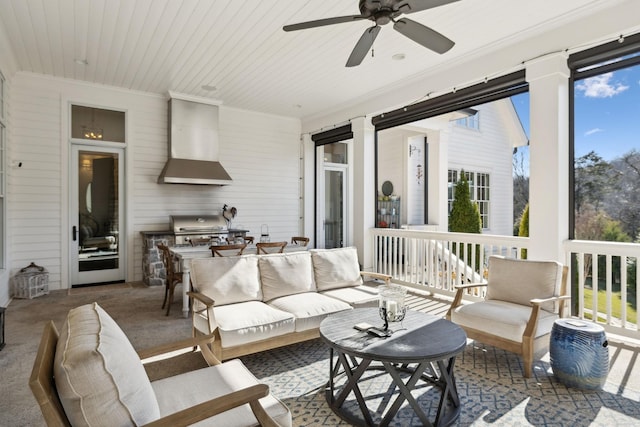 view of patio / terrace featuring ceiling fan, an outdoor living space, area for grilling, and a grill