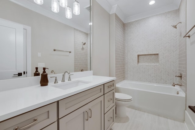 full bathroom with tiled shower / bath combo, ornamental molding, vanity, and toilet