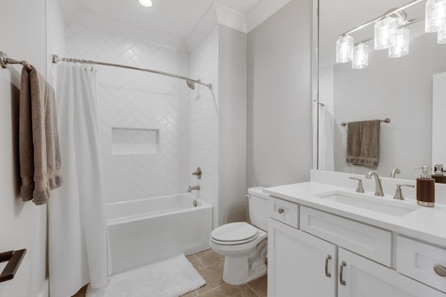 full bathroom with shower / bath combination with curtain, tile patterned floors, toilet, and vanity