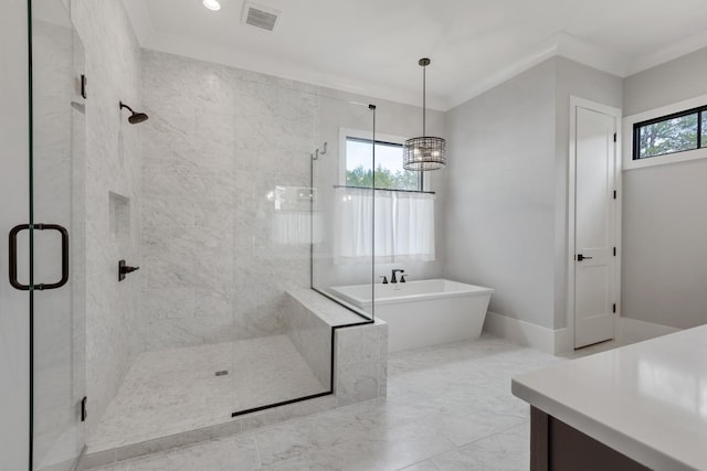 bathroom with vanity, crown molding, and plus walk in shower