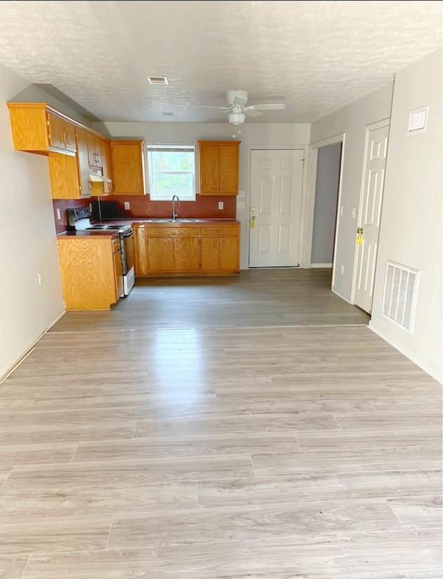 kitchen with sink, a textured ceiling, white range with electric stovetop, and light hardwood / wood-style flooring