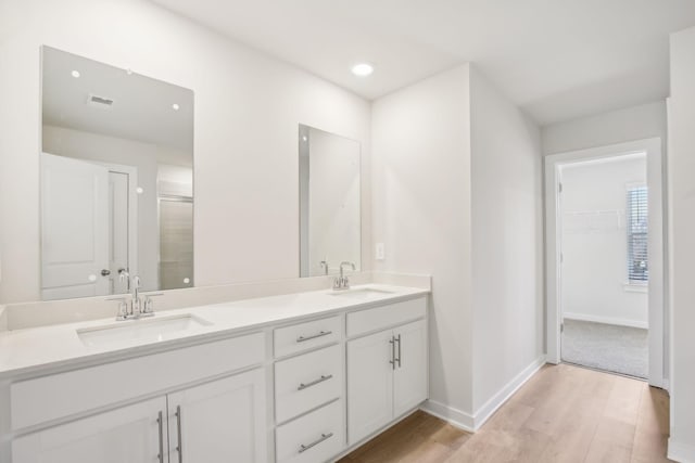 bathroom featuring double vanity, wood finished floors, a sink, and baseboards