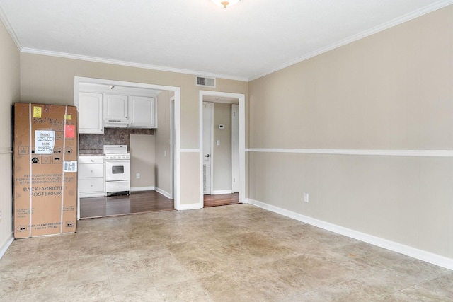 kitchen with crown molding, white range, decorative backsplash, and white cabinets