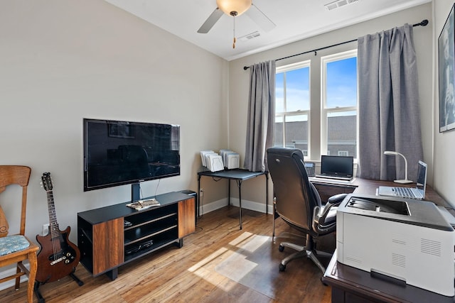 office featuring ceiling fan and light hardwood / wood-style flooring