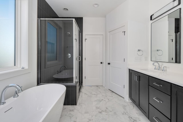 bathroom featuring independent shower and bath and vanity