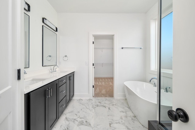 bathroom featuring vanity, a wealth of natural light, and a washtub