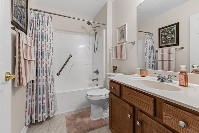 full bathroom with shower / bath combination with curtain, tile patterned floors, toilet, and vanity