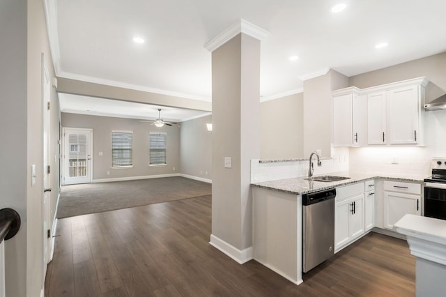 kitchen with sink, dark hardwood / wood-style flooring, stainless steel appliances, light stone countertops, and white cabinets