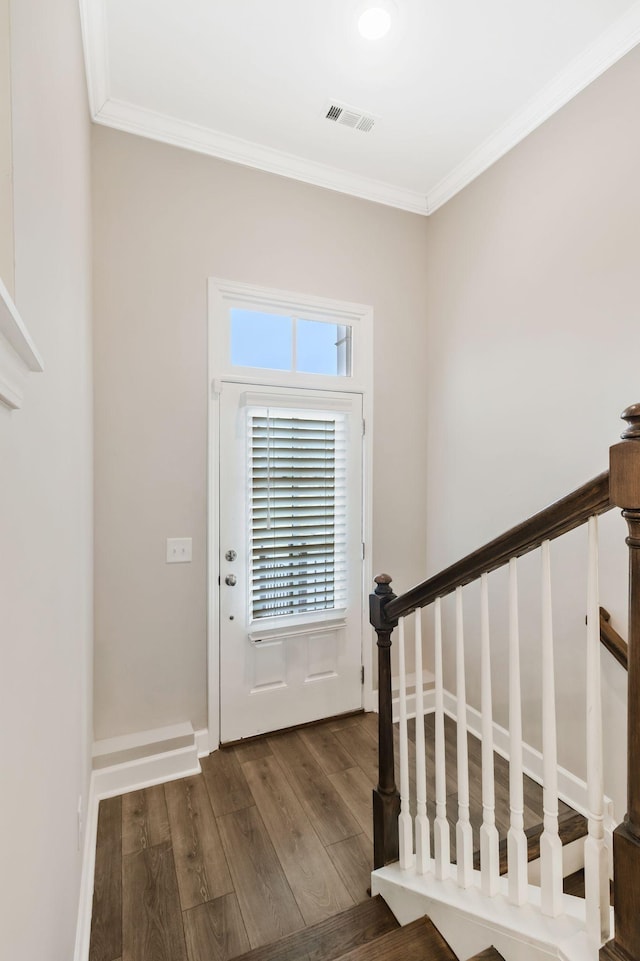 foyer featuring ornamental molding and dark hardwood / wood-style floors