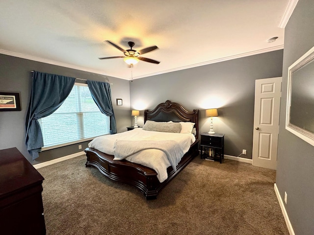 carpeted bedroom featuring crown molding and ceiling fan