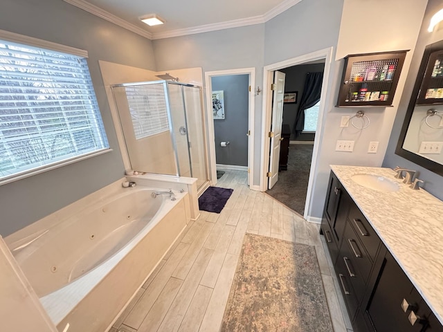 bathroom featuring crown molding, vanity, and separate shower and tub