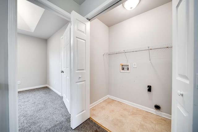 laundry room with light carpet, hookup for a washing machine, and hookup for an electric dryer