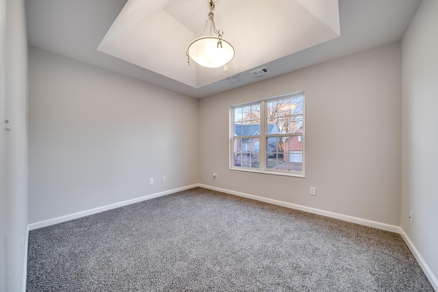 carpeted spare room with a raised ceiling