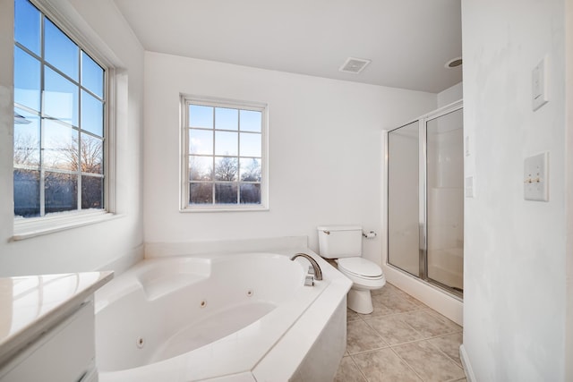 full bathroom with vanity, separate shower and tub, tile patterned floors, and toilet