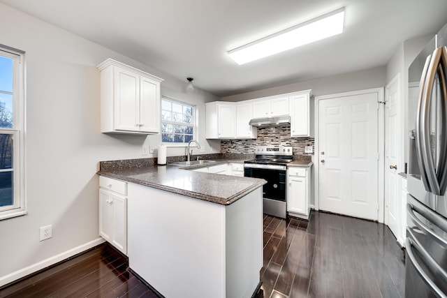 kitchen with dark hardwood / wood-style flooring, sink, white cabinets, and appliances with stainless steel finishes