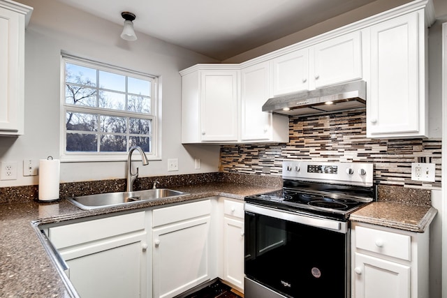 kitchen with tasteful backsplash, sink, stainless steel electric range, and white cabinets