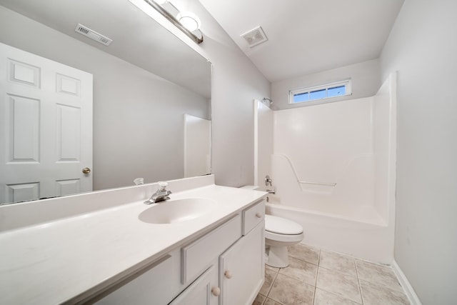 full bathroom with shower / bath combination, vanity, tile patterned flooring, and toilet