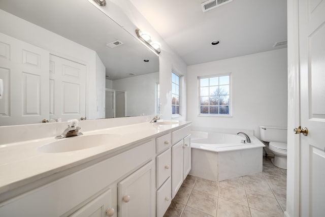 full bathroom with vanity, separate shower and tub, tile patterned floors, and toilet