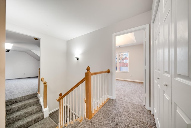 hall with lofted ceiling and carpet flooring