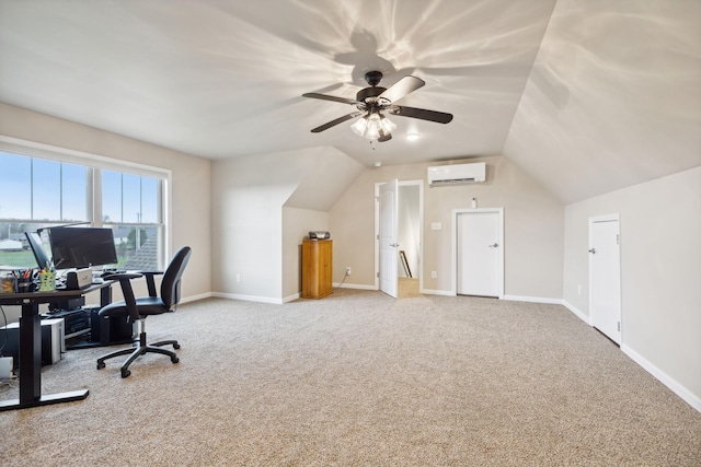 office featuring vaulted ceiling, carpet, a wall mounted air conditioner, and ceiling fan