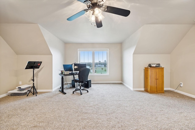 office area with ceiling fan, lofted ceiling, and carpet floors