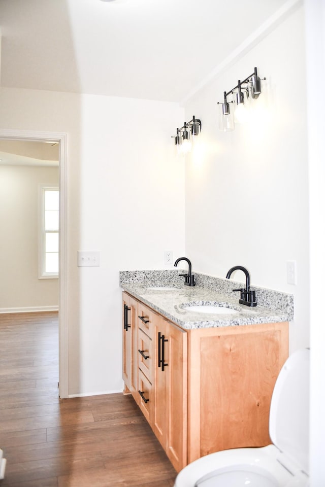 bathroom with hardwood / wood-style flooring and vanity