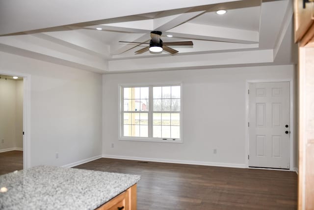 empty room featuring dark wood-type flooring, a raised ceiling, and ceiling fan