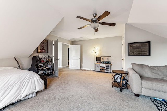 carpeted bedroom with lofted ceiling and ceiling fan