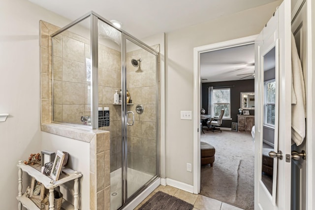 bathroom with walk in shower, tile patterned flooring, and french doors