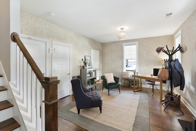 sitting room with dark hardwood / wood-style flooring