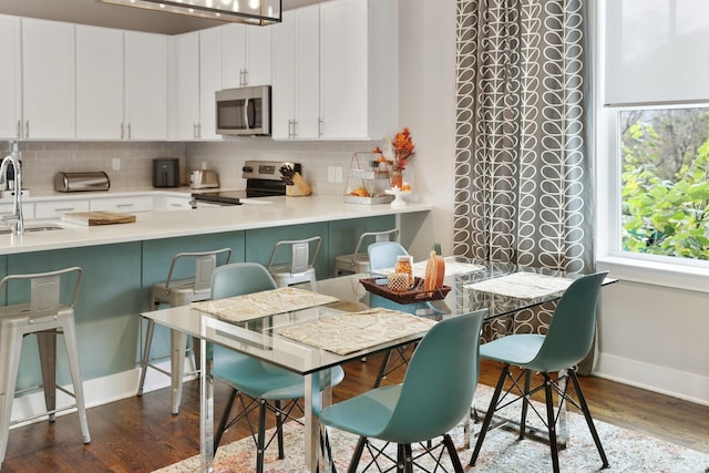 kitchen with sink, dark hardwood / wood-style floors, a kitchen breakfast bar, stainless steel appliances, and white cabinets